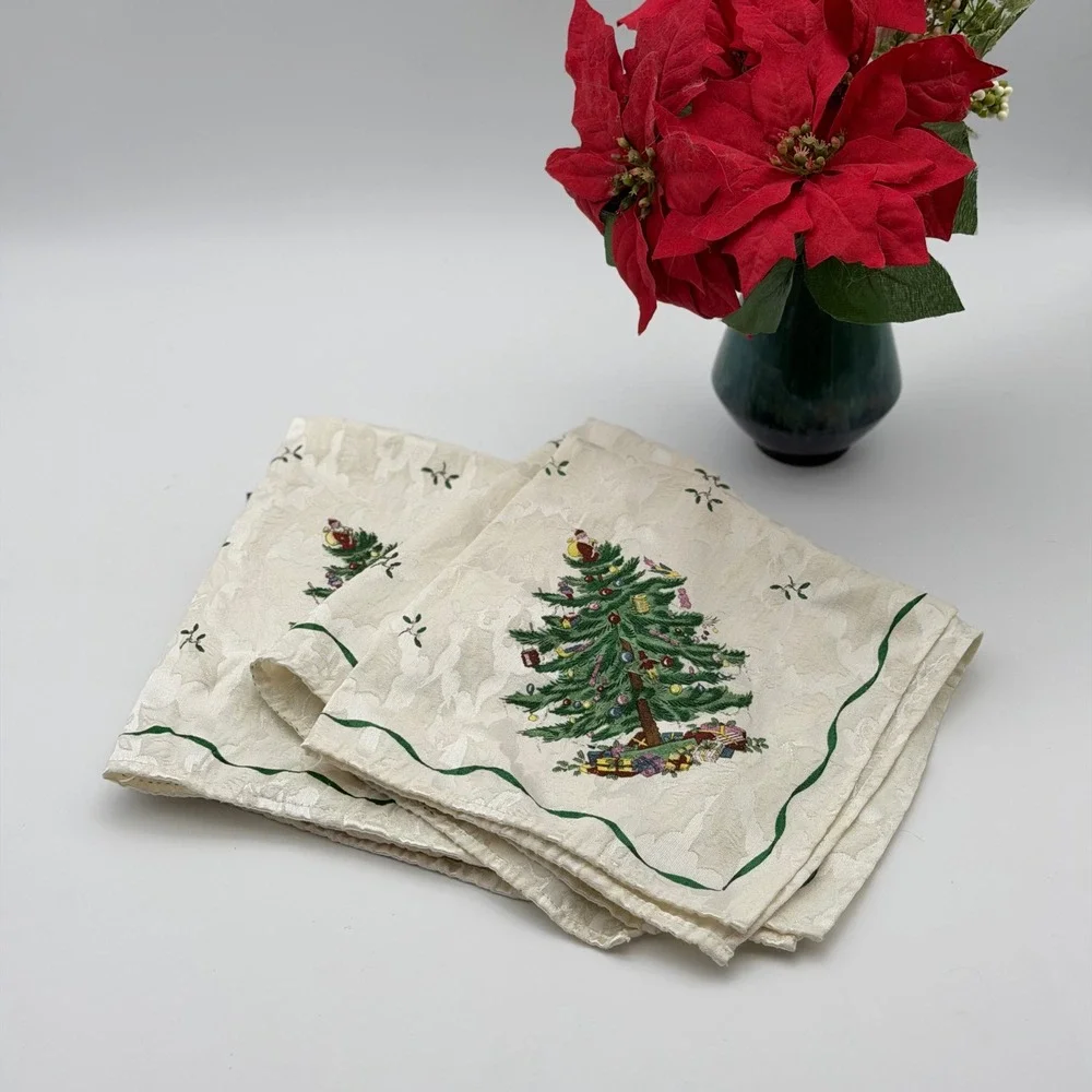 Vintage Spode Christmas Tree Pattern Cloth Napkins Set of 4 Holiday Table Linens
